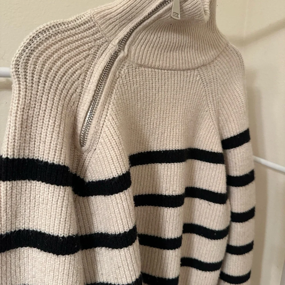 Zara Black and Cream Striped Turtleneck Sweater Half Quarter Zip - Picture 2 of 8